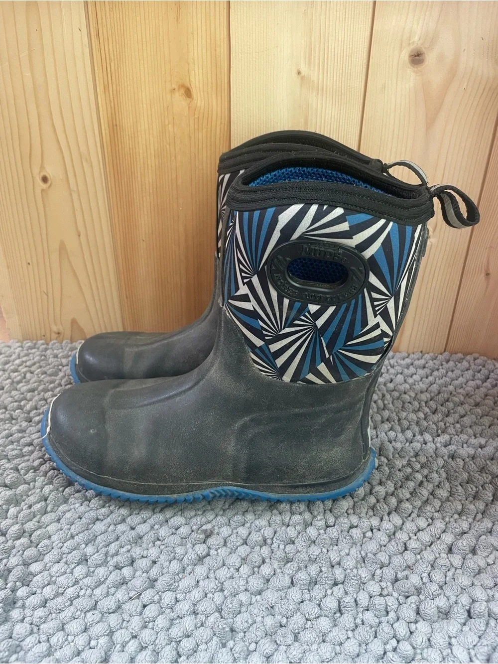 Kids Black and Blue Geometric Waterproof Rain Boots with Easy Pull Handles